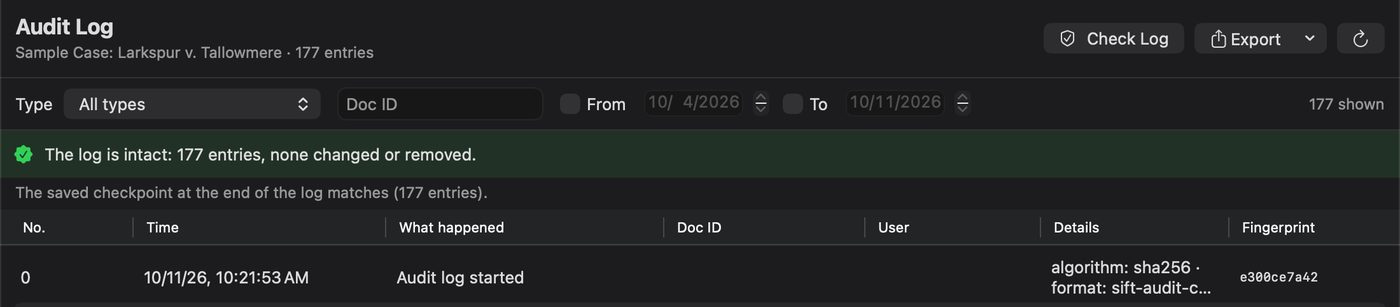 The Audit Log window after Check Log, with the message The log is intact: 177 entries, none changed or removed, above the first log entry