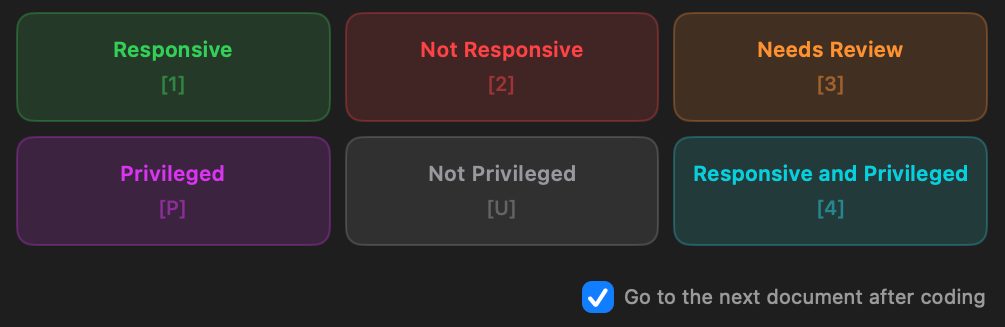 Six coding buttons: Responsive 1, Not Responsive 2, Needs Review 3, Privileged P, Not Privileged U and Responsive and Privileged 4, with a Go to the next document after coding option