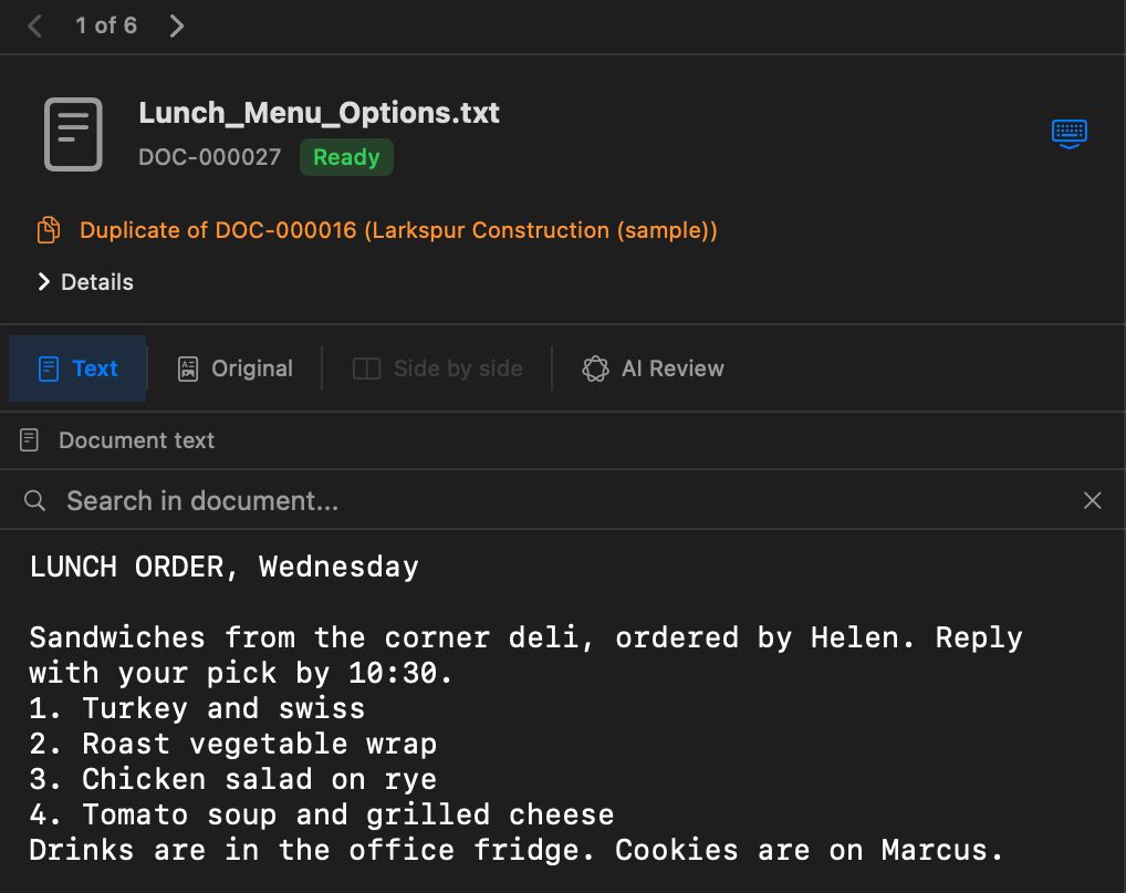 An open text file, a lunch order, marked Duplicate of DOC-000016 above its text