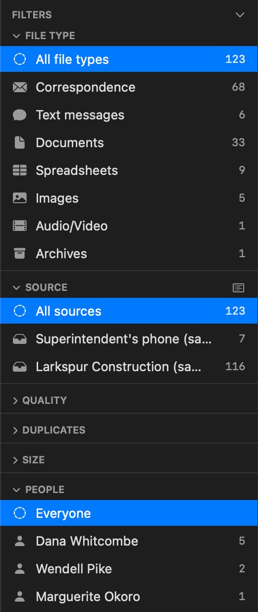 The sidebar filters: File type with Correspondence, Text messages, Documents and more, Source with two sources, and People with Dana Whitcombe, Wendell Pike and Marguerite Okoro, each with a count