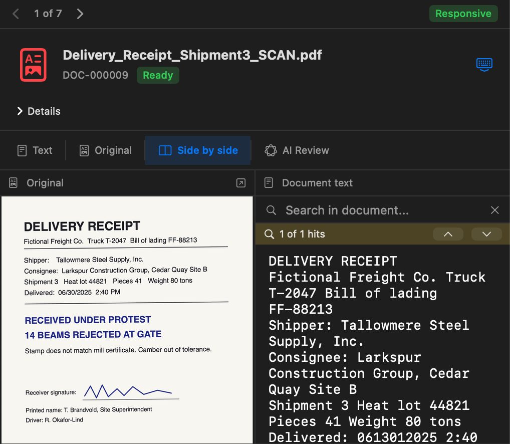 A scanned delivery receipt stamped Received under protest, shown beside the document text read from it, with 1 of 1 hits for the search