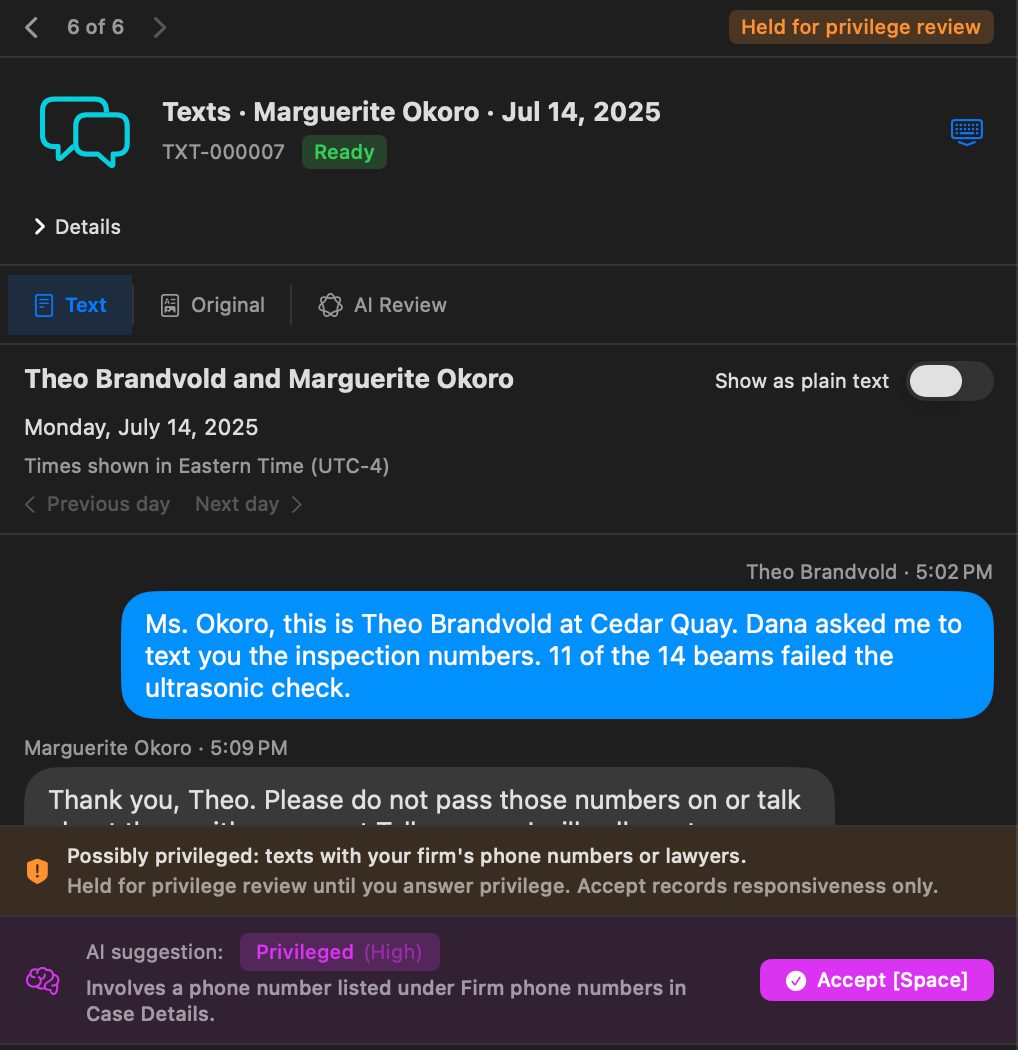 A day of texts with the firm's lawyer marked Held for privilege review, with a note that the texts involve the firm's phone numbers or lawyers and the privilege and coding buttons below