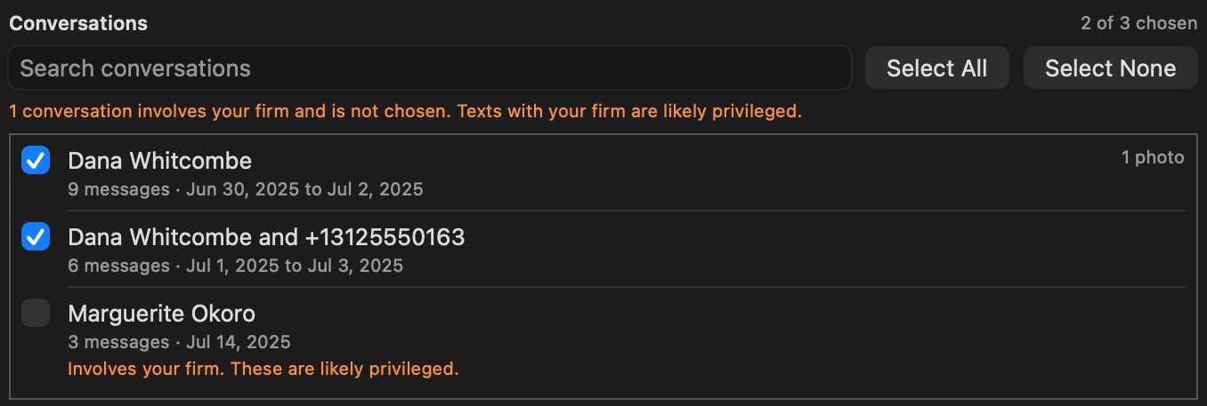 The text message import list: Dana Whitcombe and a group conversation ticked with message counts and dates, and Marguerite Okoro unticked with the note Involves your firm. These are likely privileged.