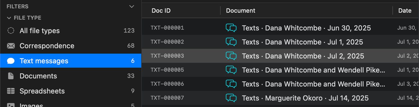 Six text message documents listed by conversation and day, such as Texts, Dana Whitcombe, Jun 30, 2025, with the Text messages filter showing 6 and the Source filter listing the superintendent's phone