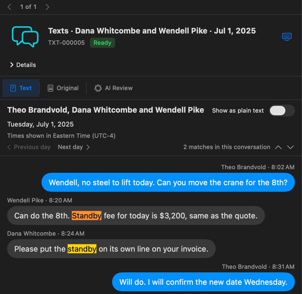 A group text opened as chat bubbles with each sender's name and time, the word standby highlighted in two bubbles, and the line 2 matches in this conversation