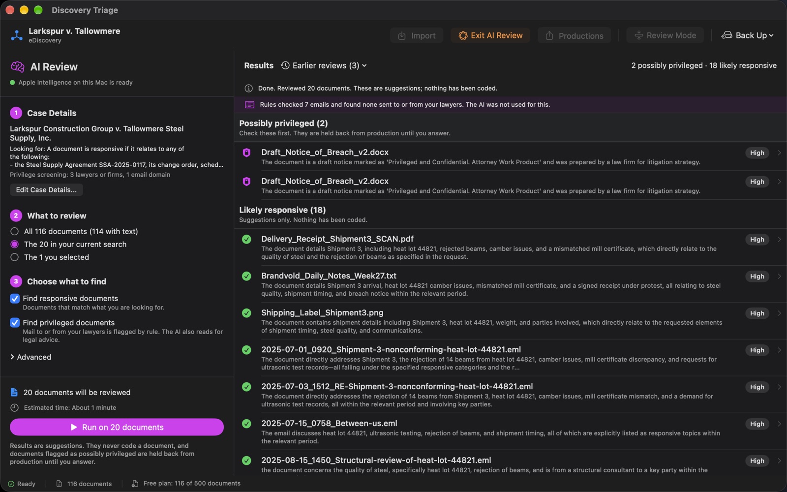 AI review results: a decision, confidence and one-line reasoning for each document