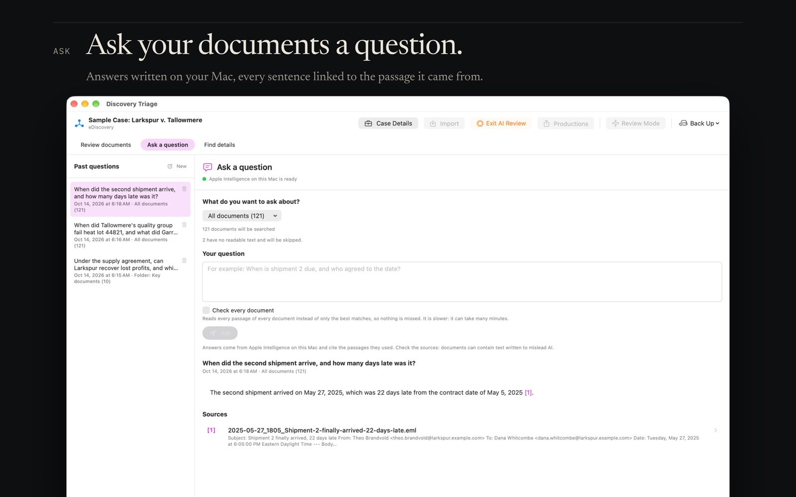 Ask a question: an answer about the second shipment, with a numbered source that opens the email it came from